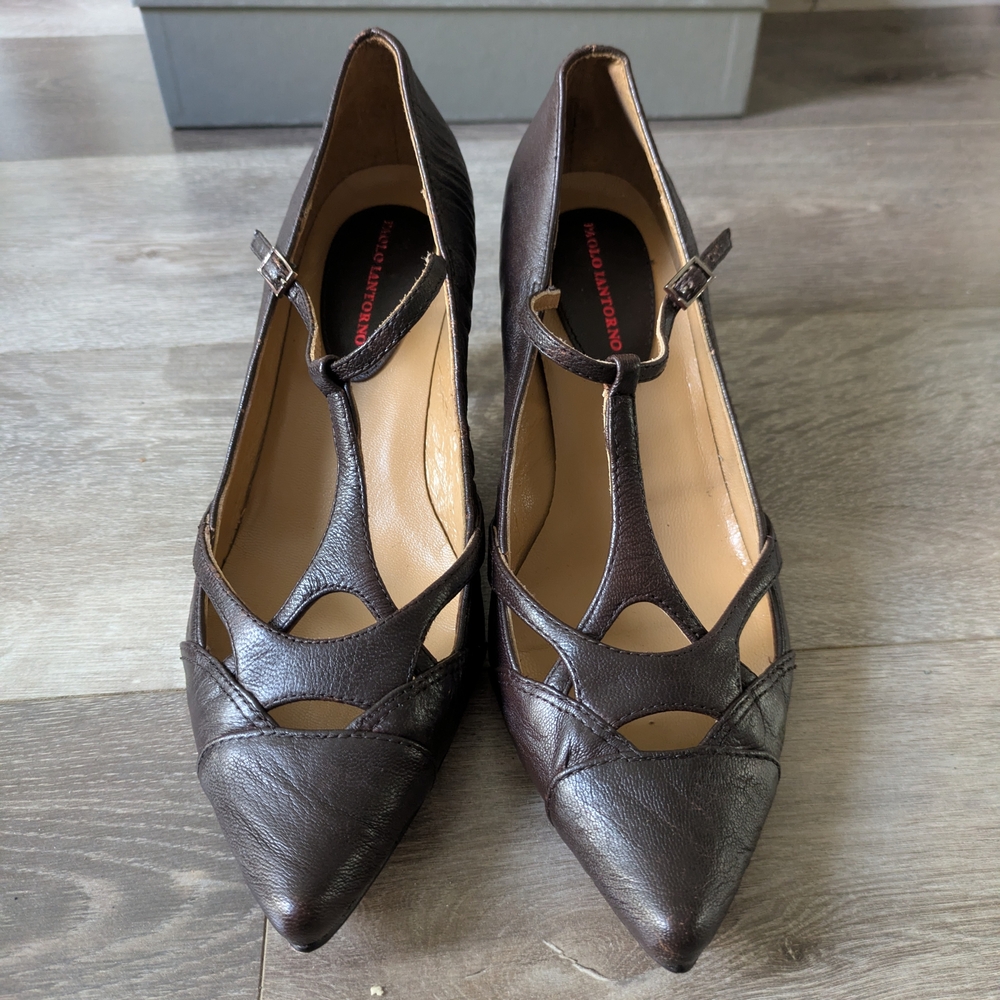 Brown Leather T-Strap Pointed Heels